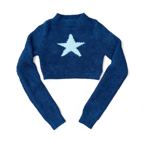 EUC Edikted Mega Star cropped long sleeve Blue Sweater Size Small - Picture 2 of 7